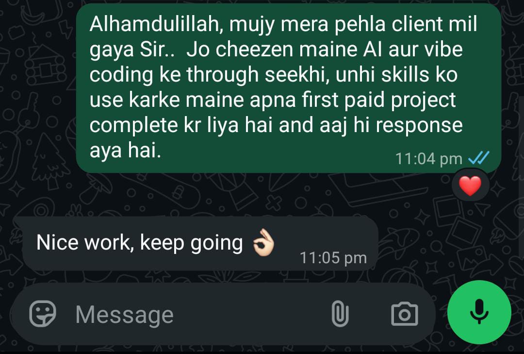 WhatsApp message from a mentee — first paid client project completed